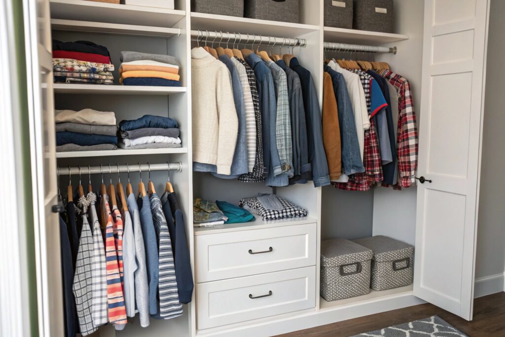 Well-organized closet with folded clothes and hanging shirts