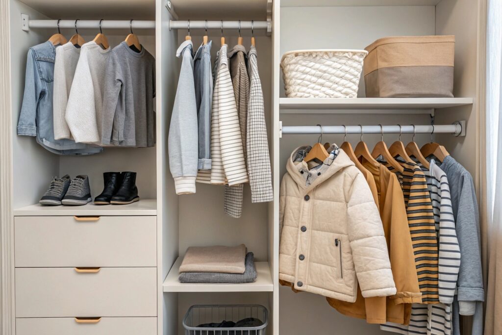 Organized wardrobe with casual kids' clothing including jackets, sweaters, shoes, and storage baskets