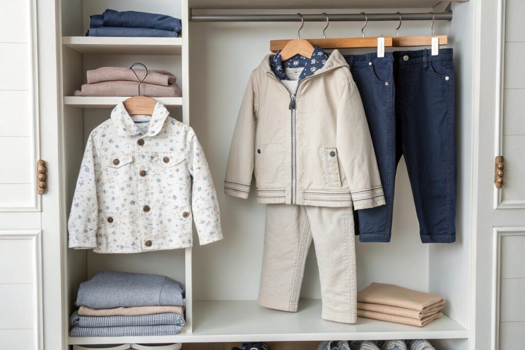 children's clothes in closet with jackets and pants