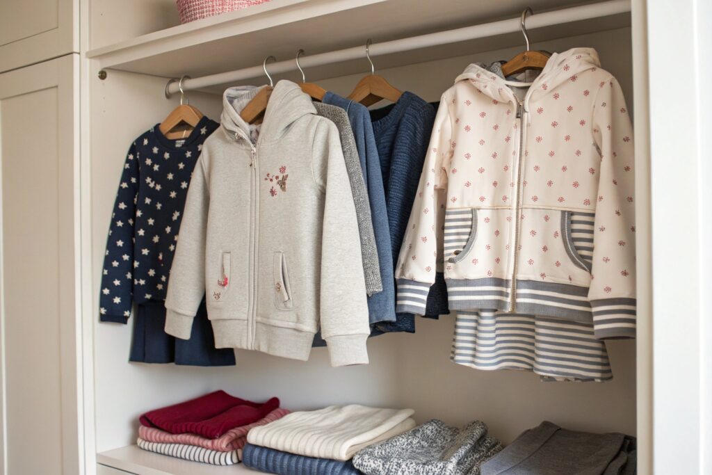 children's hoodies and clothes in closet
