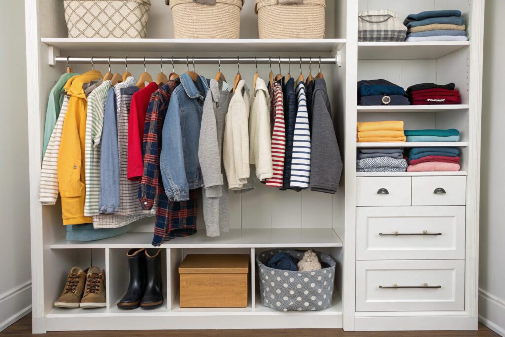 organized closet with jackets and folded clothes
