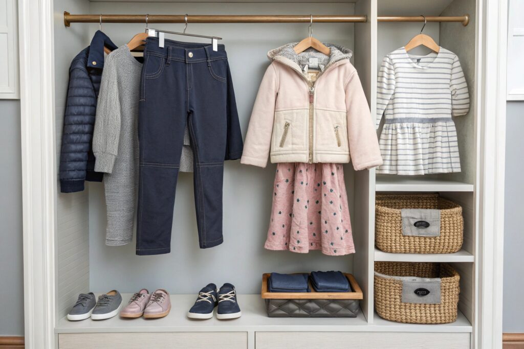 children's wardrobe with coats, dresses, and shoes