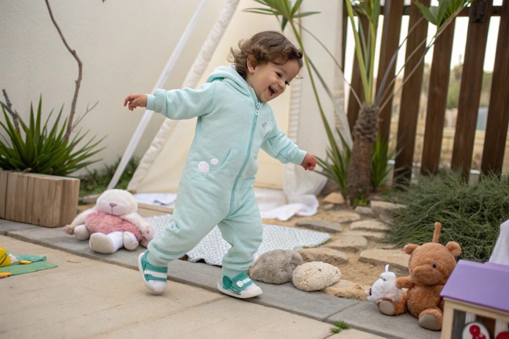 toddler playing outdoors in mint green onesie