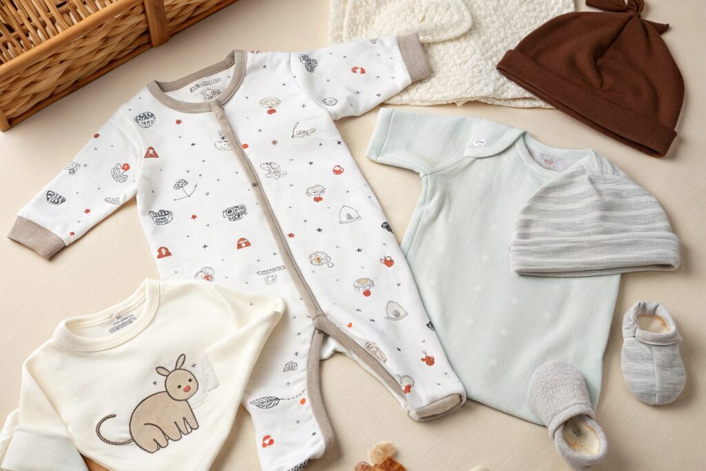 baby clothes set with onesies, hats, and slippers