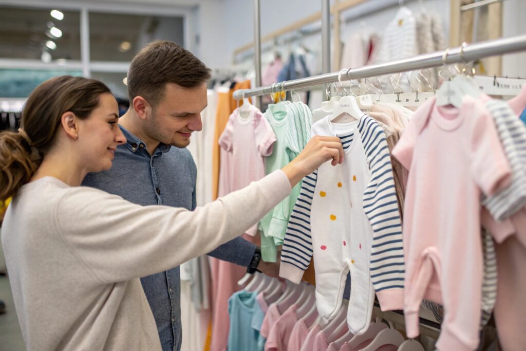 Couple shopping for baby clothes in a store, admiring a striped onesie with colorful dots