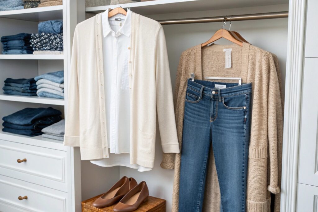 A cozy wardrobe setup with a beige cardigan, white shirt, denim jeans, and brown shoes neatly arranged in a well-organized closet