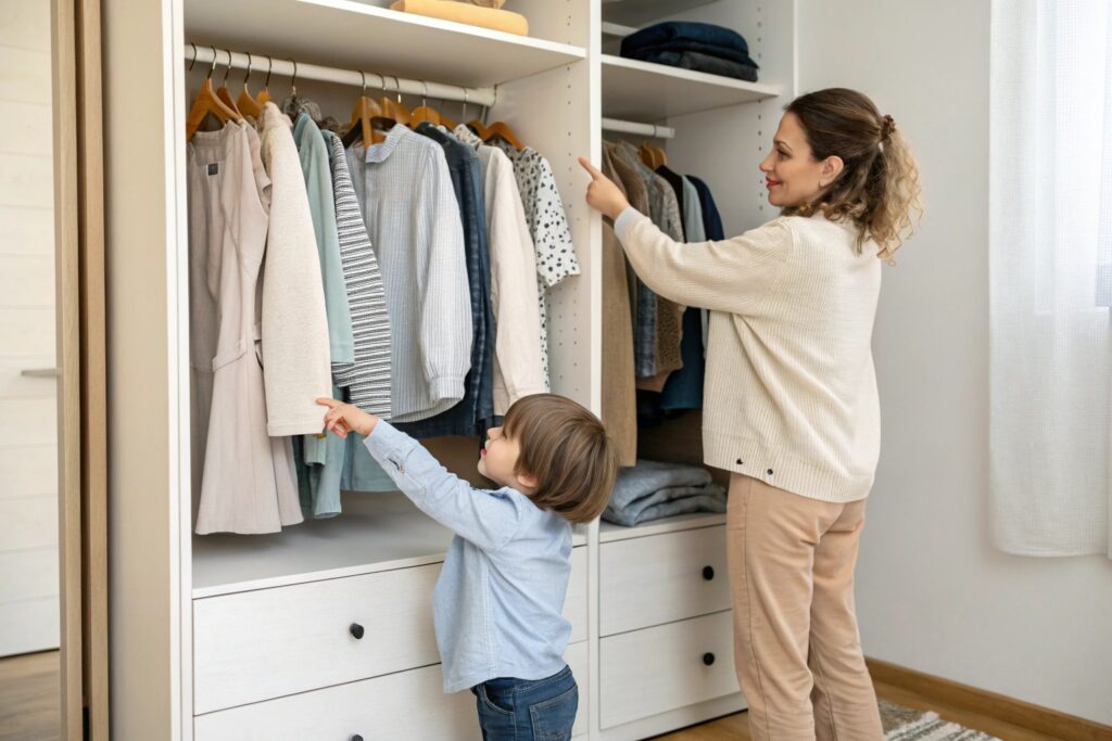 Mother and child pointing at clothes in a wardrobe