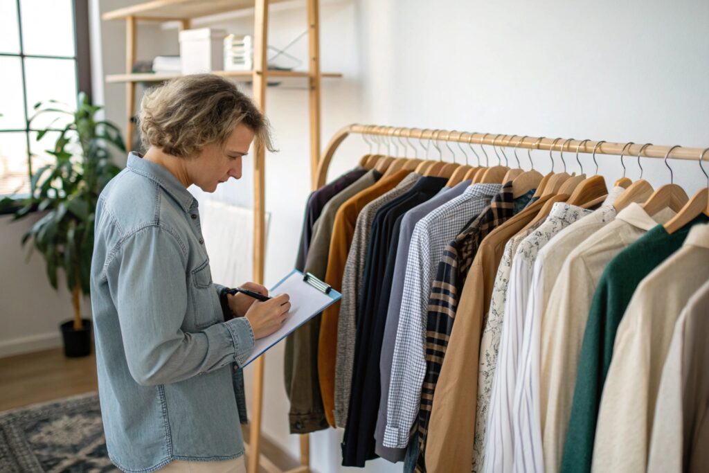 Man checking inventory of clothes in a clothing store