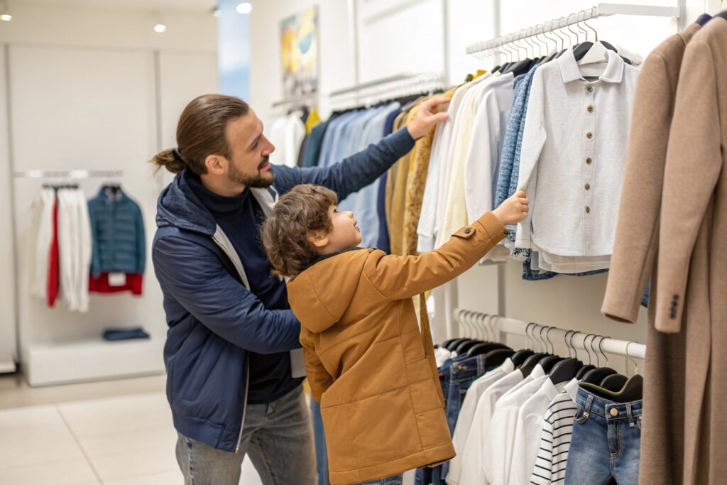 Father and son shopping for clothes in a clothing store