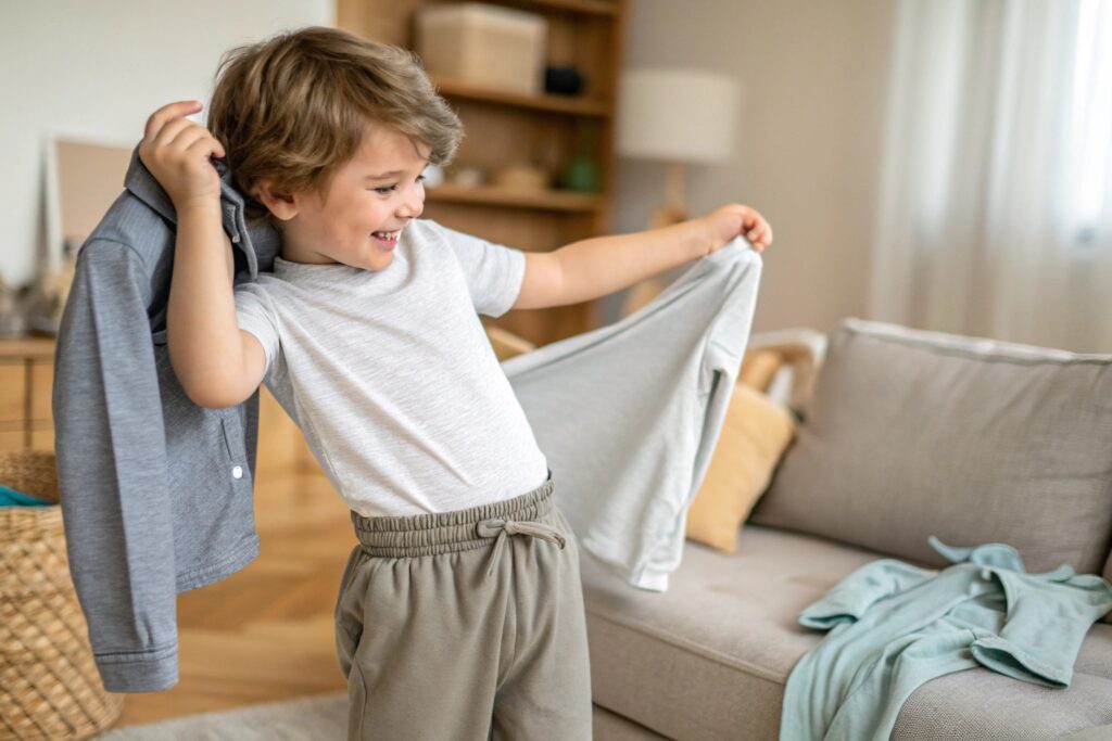 Happy child showing off clothes with a smile