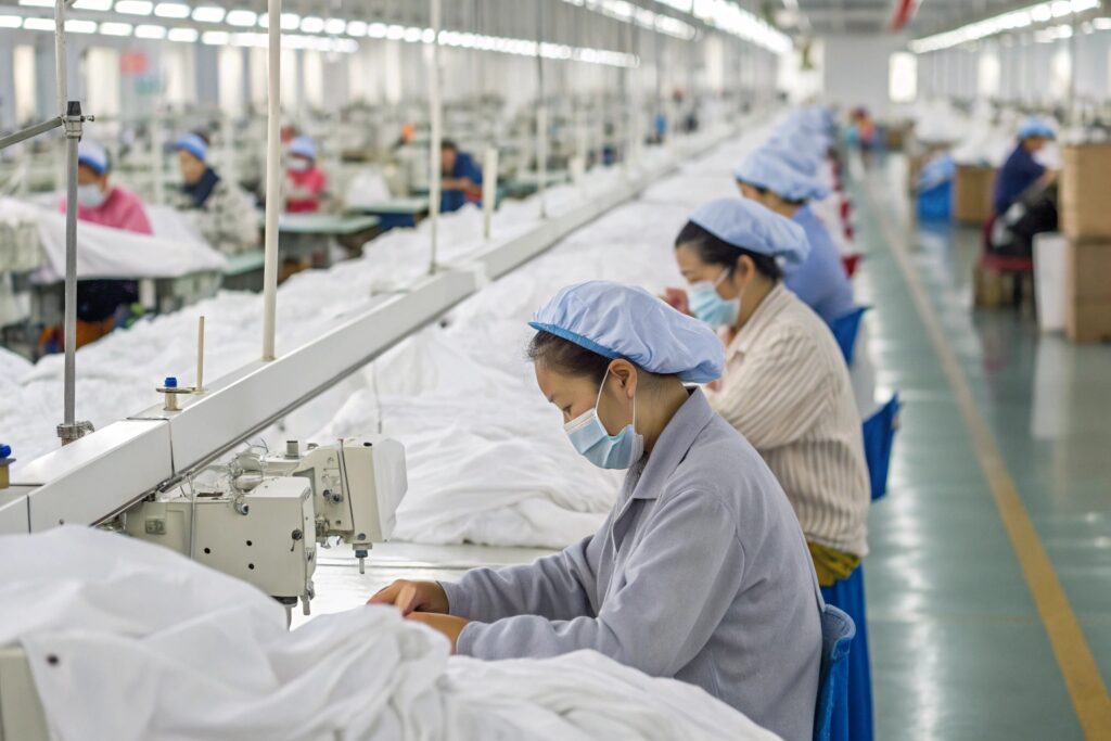 Factory workers sewing garments in production line, demonstrating efficient manufacturing