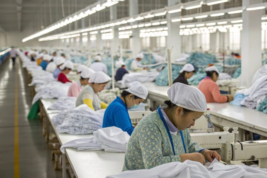 Skilled workers in clothing factory sewing garments, efficient production line