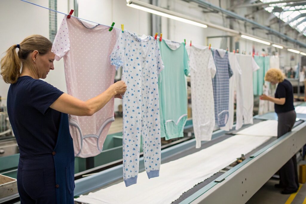 Workers hanging freshly made baby clothes on a production line for quality check