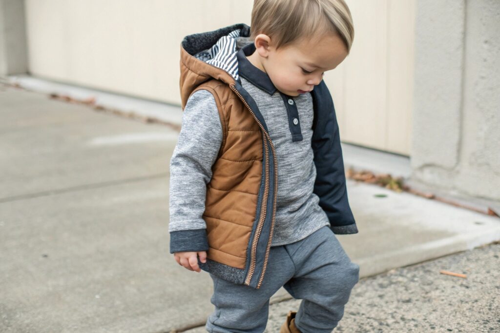 Toddler wearing a warm vest, hoodie, and sweatpants, walking outdoors