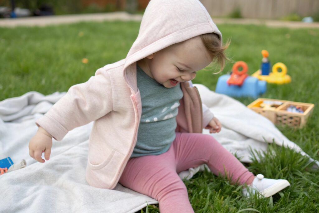 Toddler in outdoor clothing with a light pink hoodie and playful expression