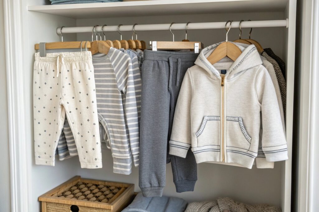 Kids clothing collection in a wardrobe with soft colors