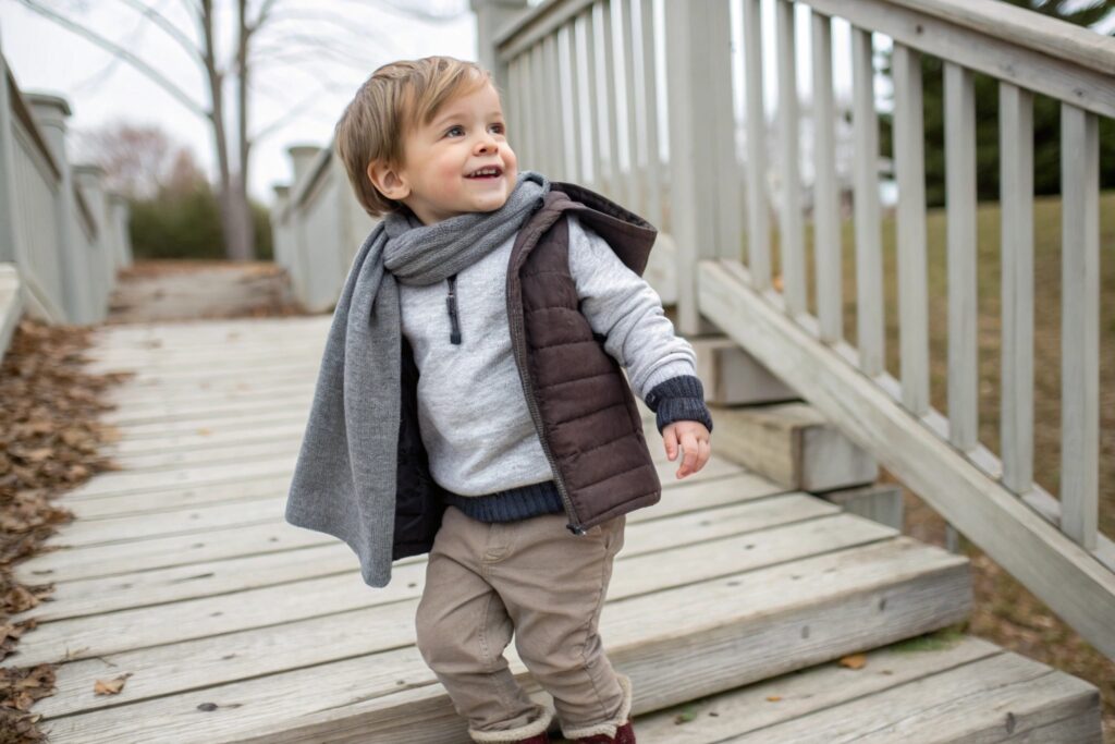 Toddler wearing a cozy jacket, scarf, and smiling outdoors