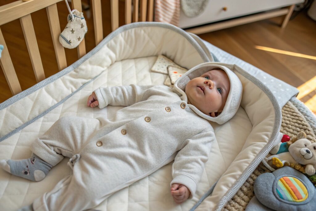 baby in cozy onesie lying in crib with toys