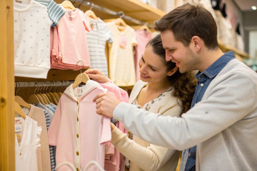 Couple shopping for baby clothes in a store, admiring a pink hooded outfit