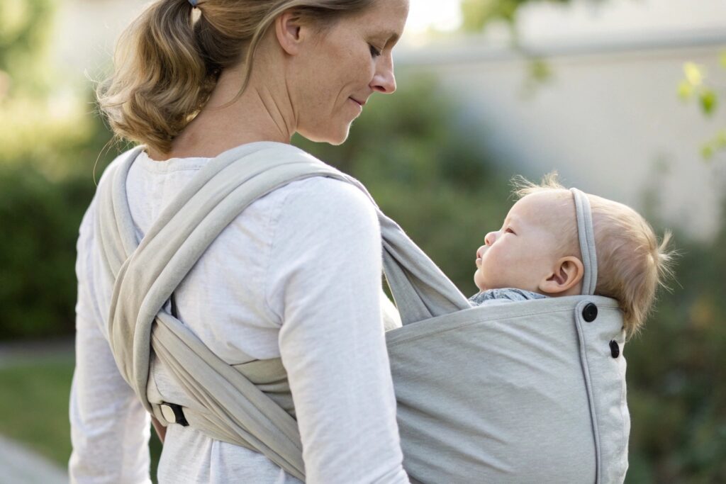 Mother carrying her baby in a soft, comfortable baby carrier outdoors