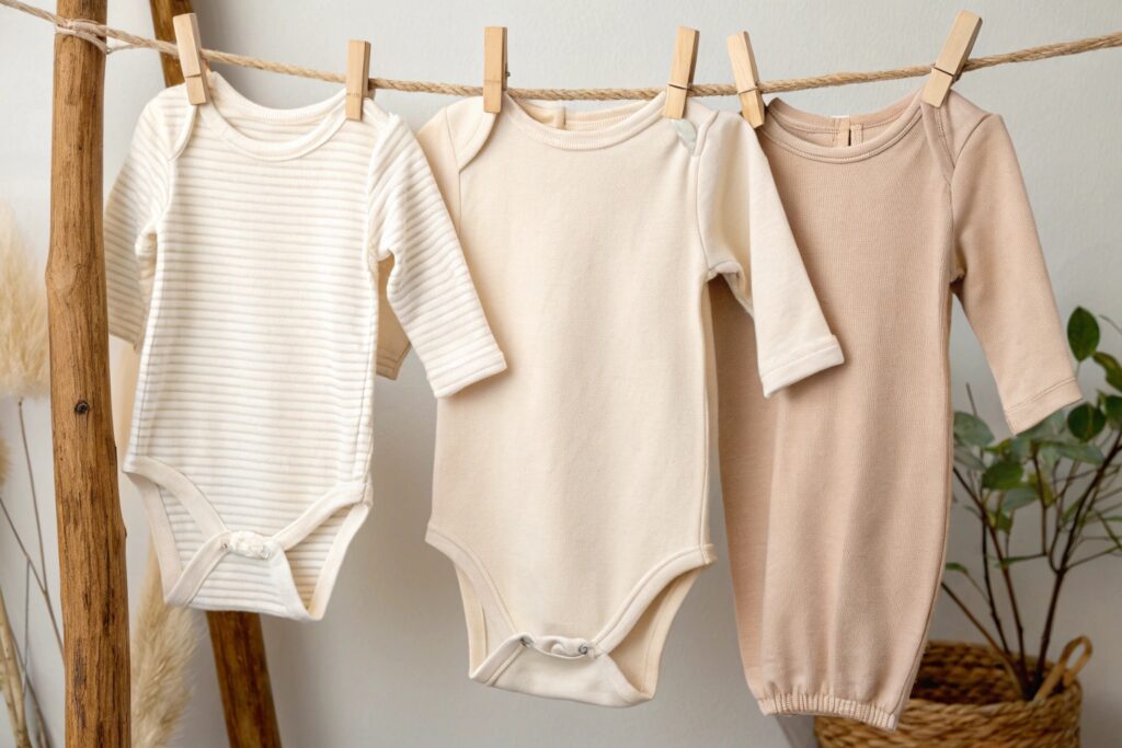 Neutral-colored baby bodysuits hanging on a clothesline