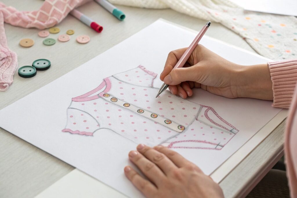 Designing a baby onesie with buttons, hand-drawn sketch, buttons, and markers