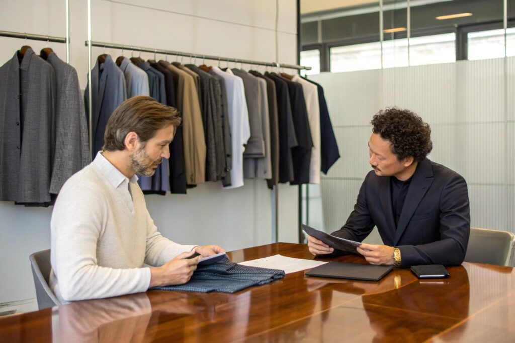 Two professionals discussing fabric samples and designs for clothing in a modern showroom