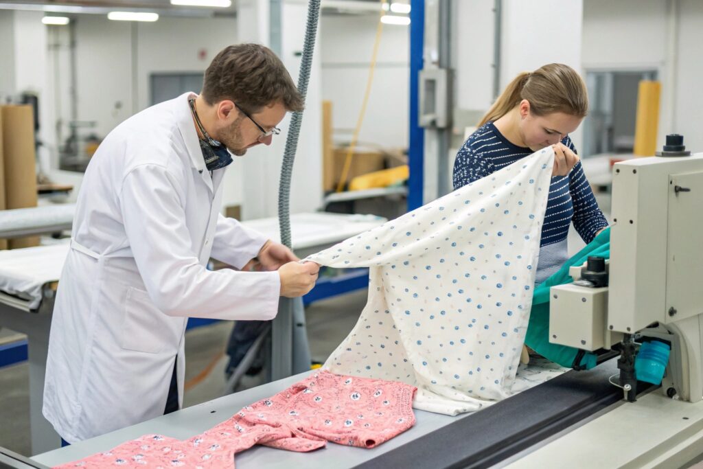 Workers inspecting and processing fabric in a garment production facility