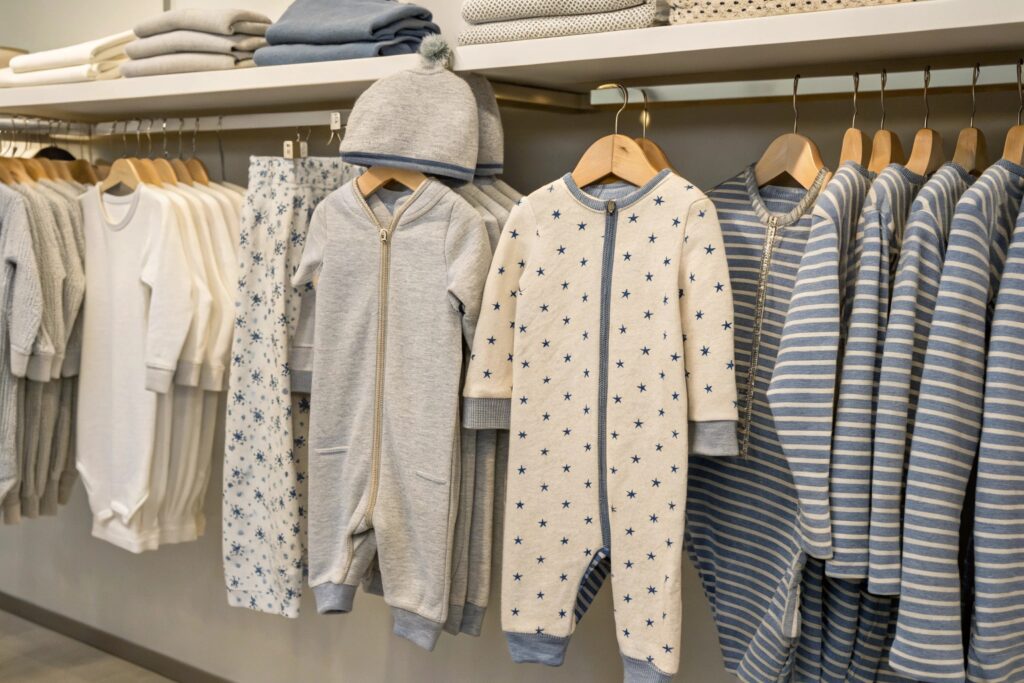 Collection of baby clothes including onesies, hats, and striped designs in soft pastel tones