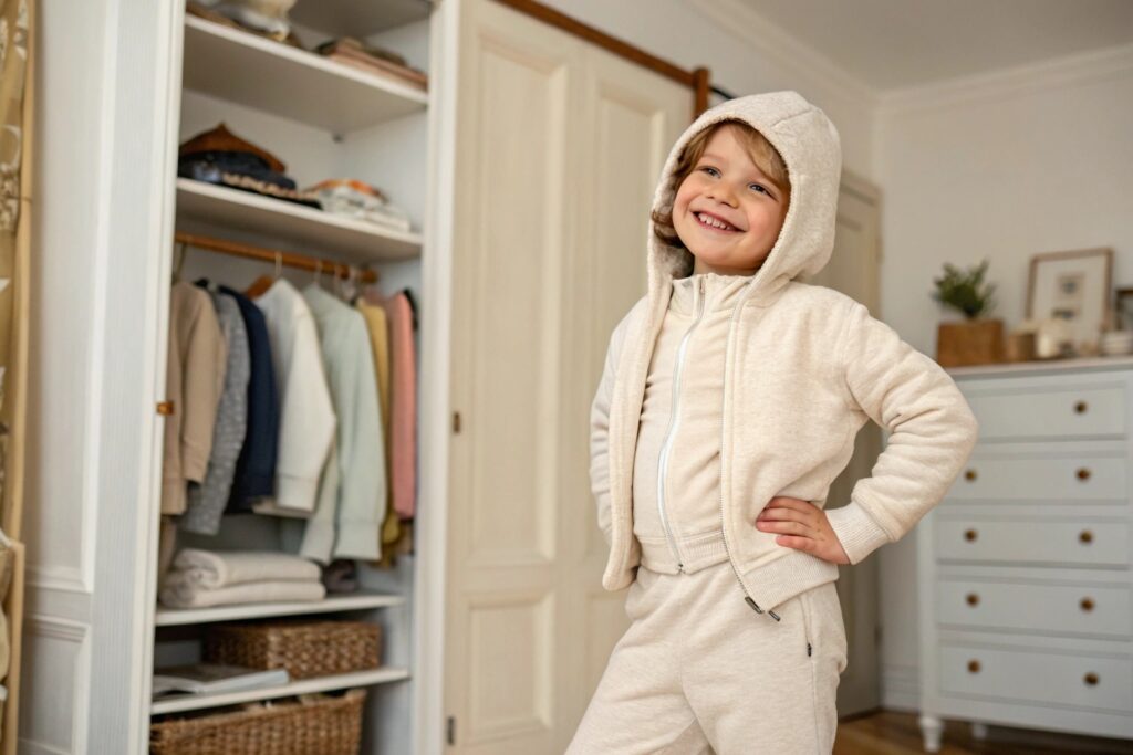 A smiling child wearing a cozy beige hoodie and sweatpants, standing confidently in front of a neatly organized wardrobe with folded clothes