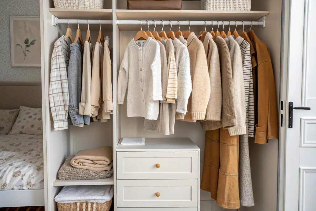 Closet with neutral-toned clothing, including sweaters, shirts, and coats