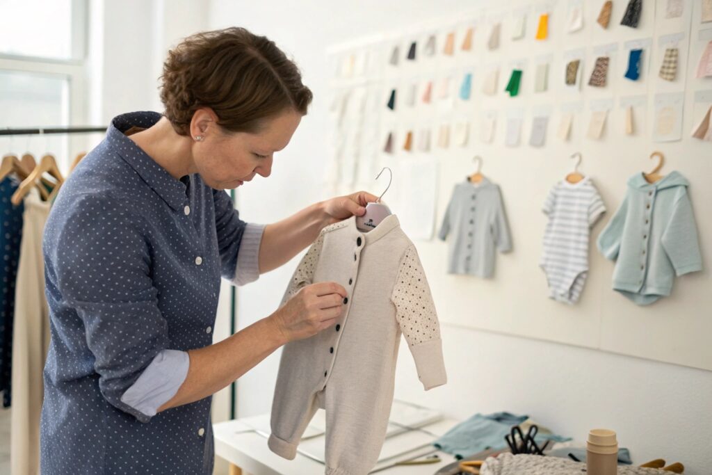 A person inspecting a baby onesie in a clothing design studio
