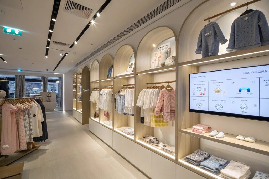 Interior view of a well-organized children's clothing store with soft lighting and display shelves