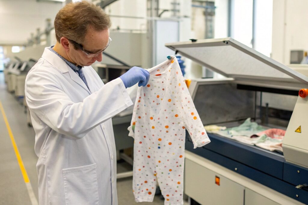 Fabric inspection, garment printing process for baby clothing A person inspecting a printed baby onesie in a textile factory