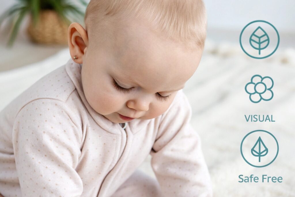 Eco-friendly, safe fabric for baby clothing A baby wearing a soft, safe baby onesie with icons showing eco-friendly and safe materials