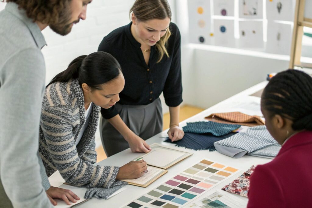 Designers discussing fabric swatches and color palettes for clothing collection