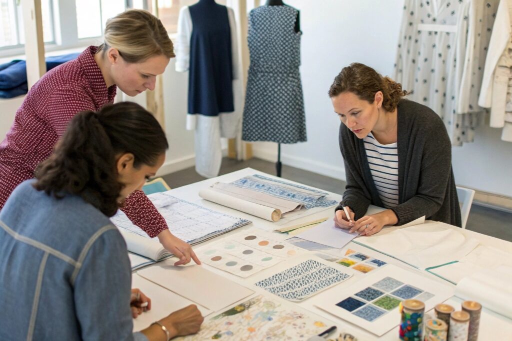 A group of designers working on fabric patterns and clothing sketches in a studio
