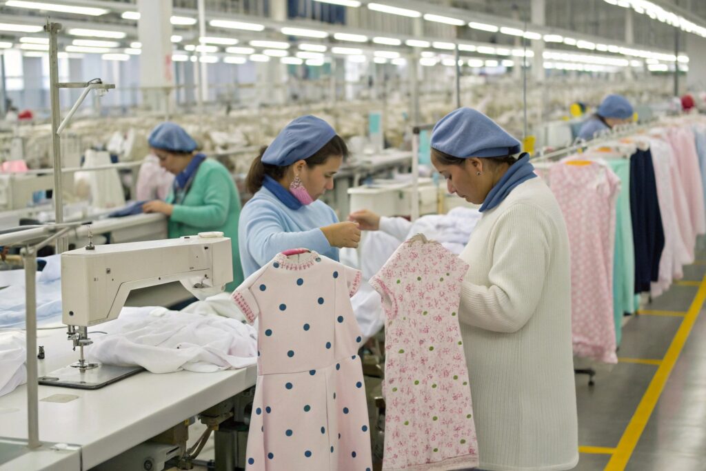 Workers inspecting and sewing baby dresses on a garment production line