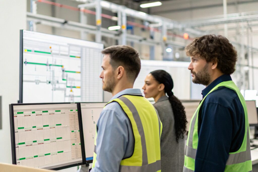 Employees monitoring production process on screens in a factory