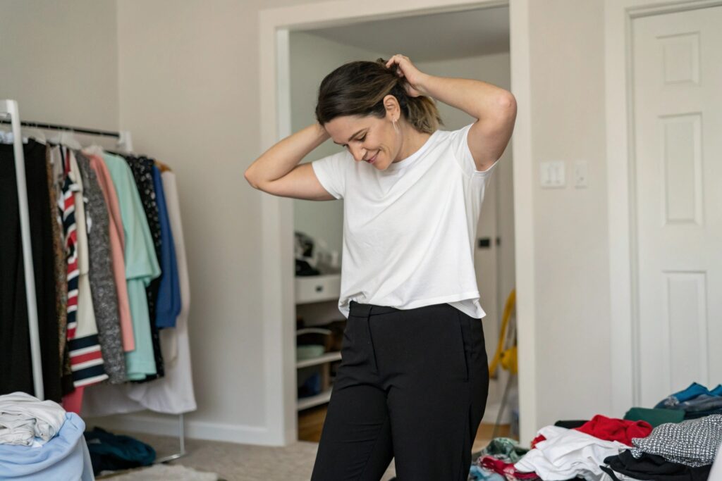 A woman smiling while adjusting her hair, wearing a white t-shirt and black pants, standing in a room with a clothing rack and piles of clothes on the floor