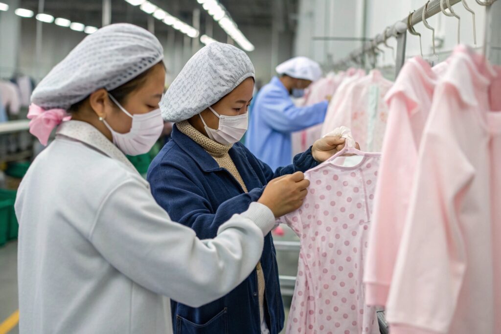 Workers inspecting baby clothing in a garment factory