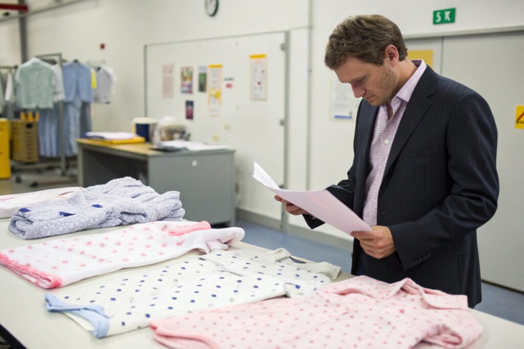 A person inspecting baby clothing samples in a garment factory