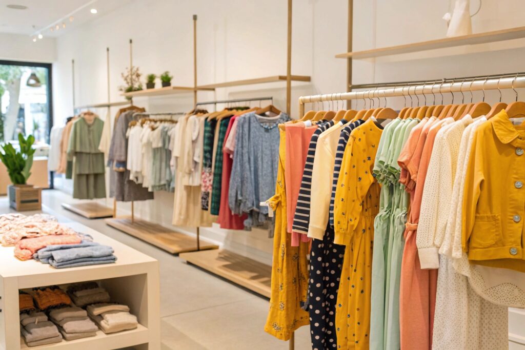 A variety of colorful dresses and clothing displayed in a retail store