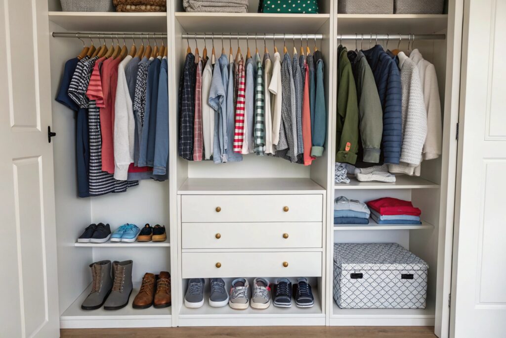 organized wardrobe with clothes and shoes