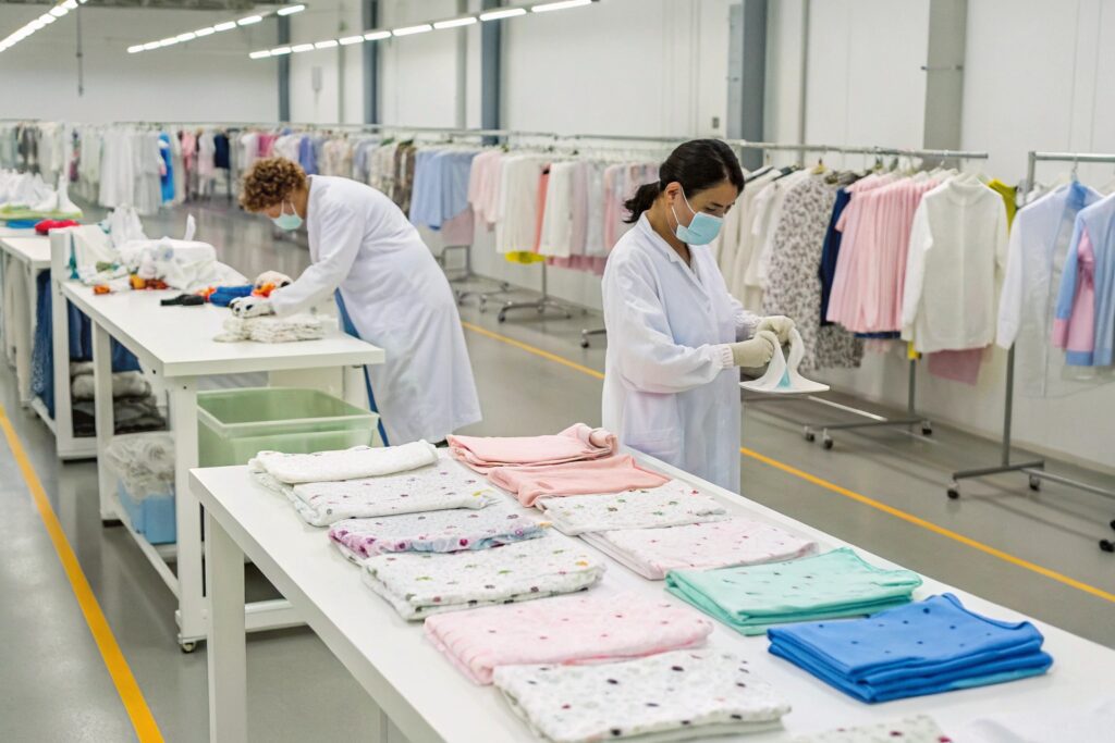 A person wearing a helmet and reviewing documents in a clothing factory