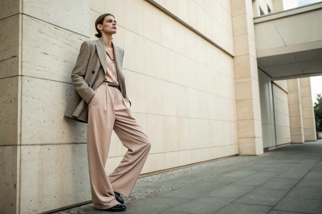 Woman wearing beige tailored pants and a grey blazer, posing outdoors