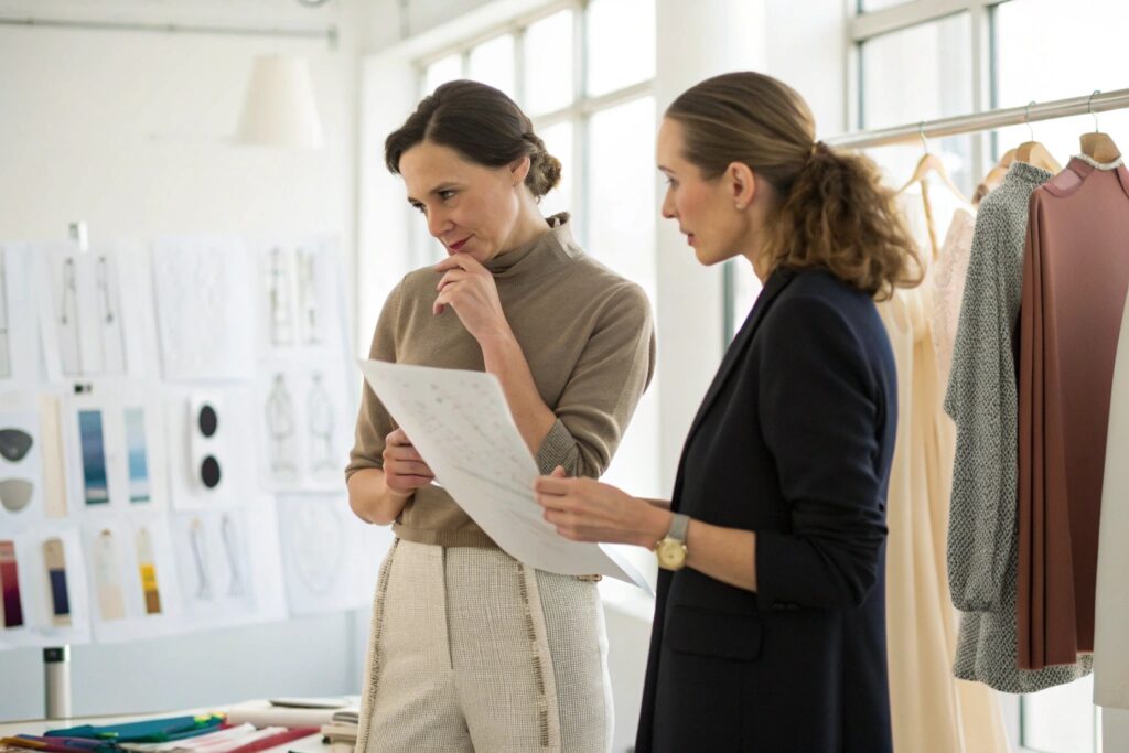 Two fashion designers discussing sketches and designs in a creative workspace