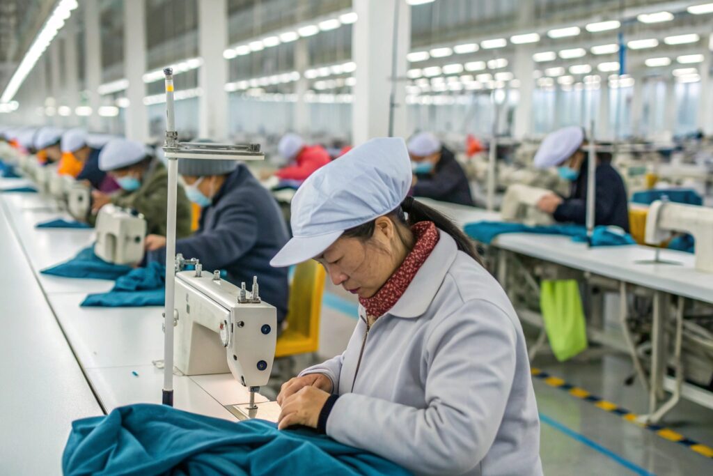 Workers sewing clothing in a large, well-lit garment factory with multiple sewing machines